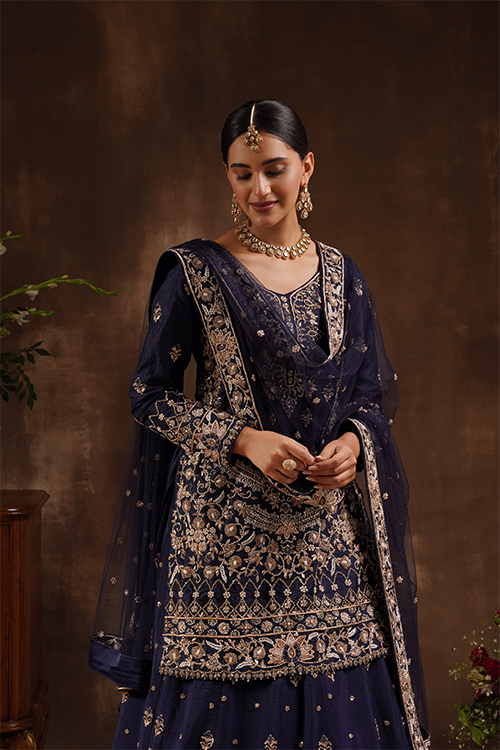 Navy Blue Raw Silk Kameez and Lehanga