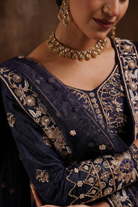 Navy Blue Raw Silk Kameez and Lehanga