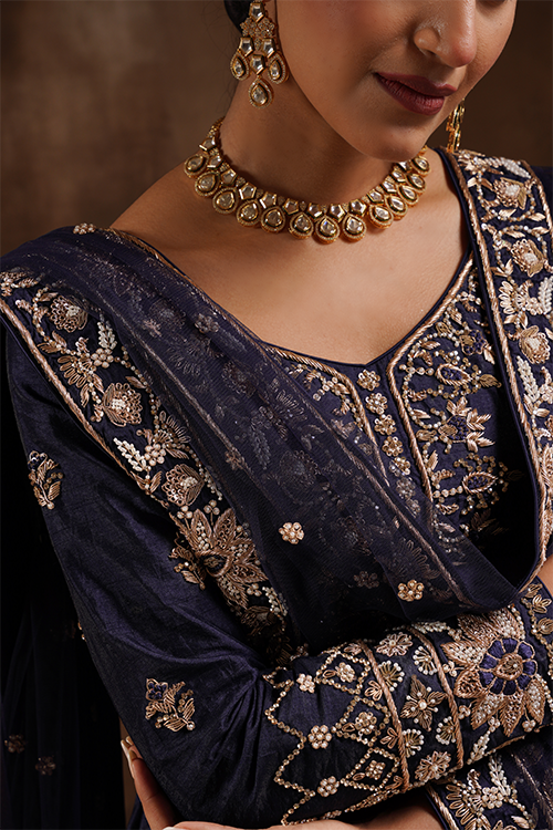 Navy Blue Raw Silk Kameez and Lehanga