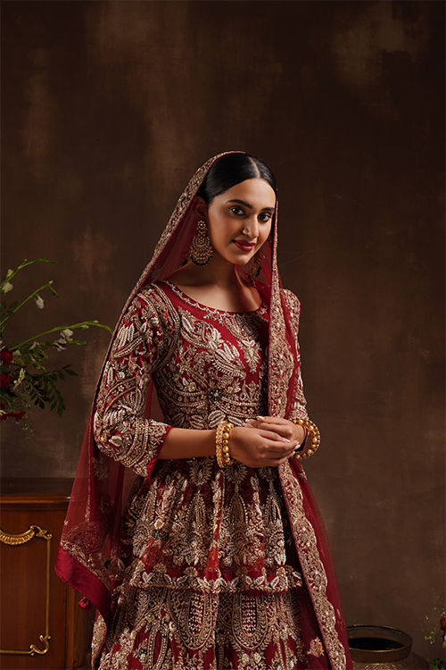 Maroon High Low Peplum Lehenga