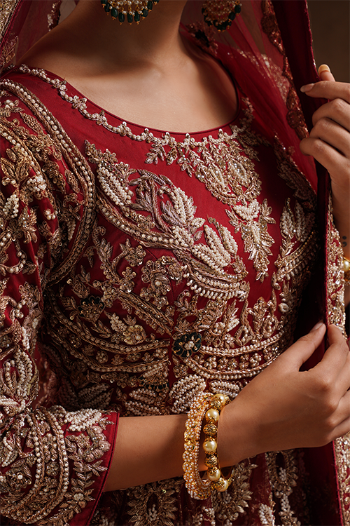 Maroon High Low Peplum Lehenga