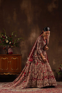 Maroon High Low Peplum Lehenga