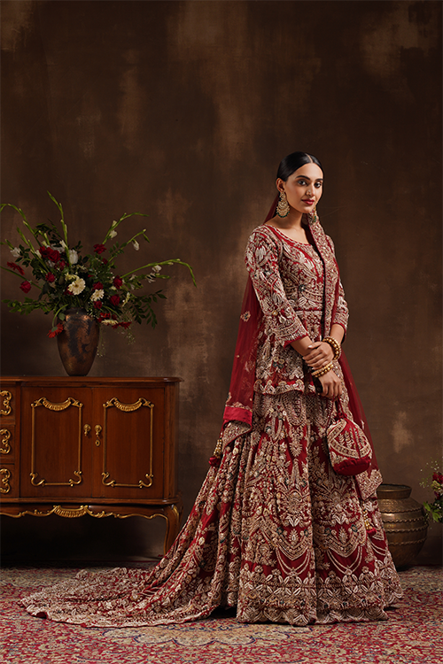 Dark Maroon High Low Peplum Lehenga