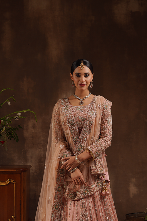 Blush Pink Blouse With Lehenga Trail