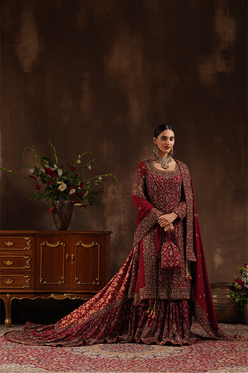 Maroon Farshi A-Line Kameez Trail