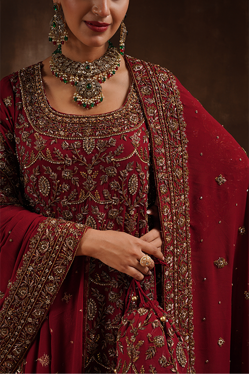 Maroon Farshi A-Line Kameez Trail