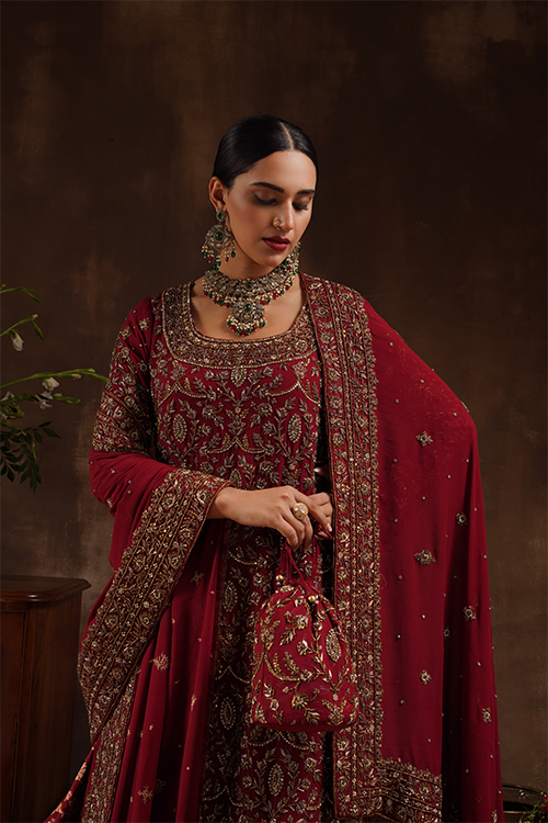 Maroon Farshi A-Line Kameez Trail