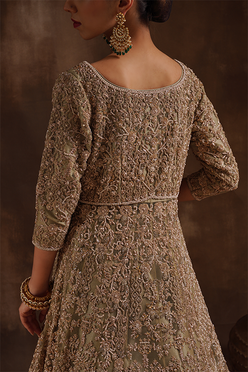 Pista Green One Piece Trail Gown with Lehenga