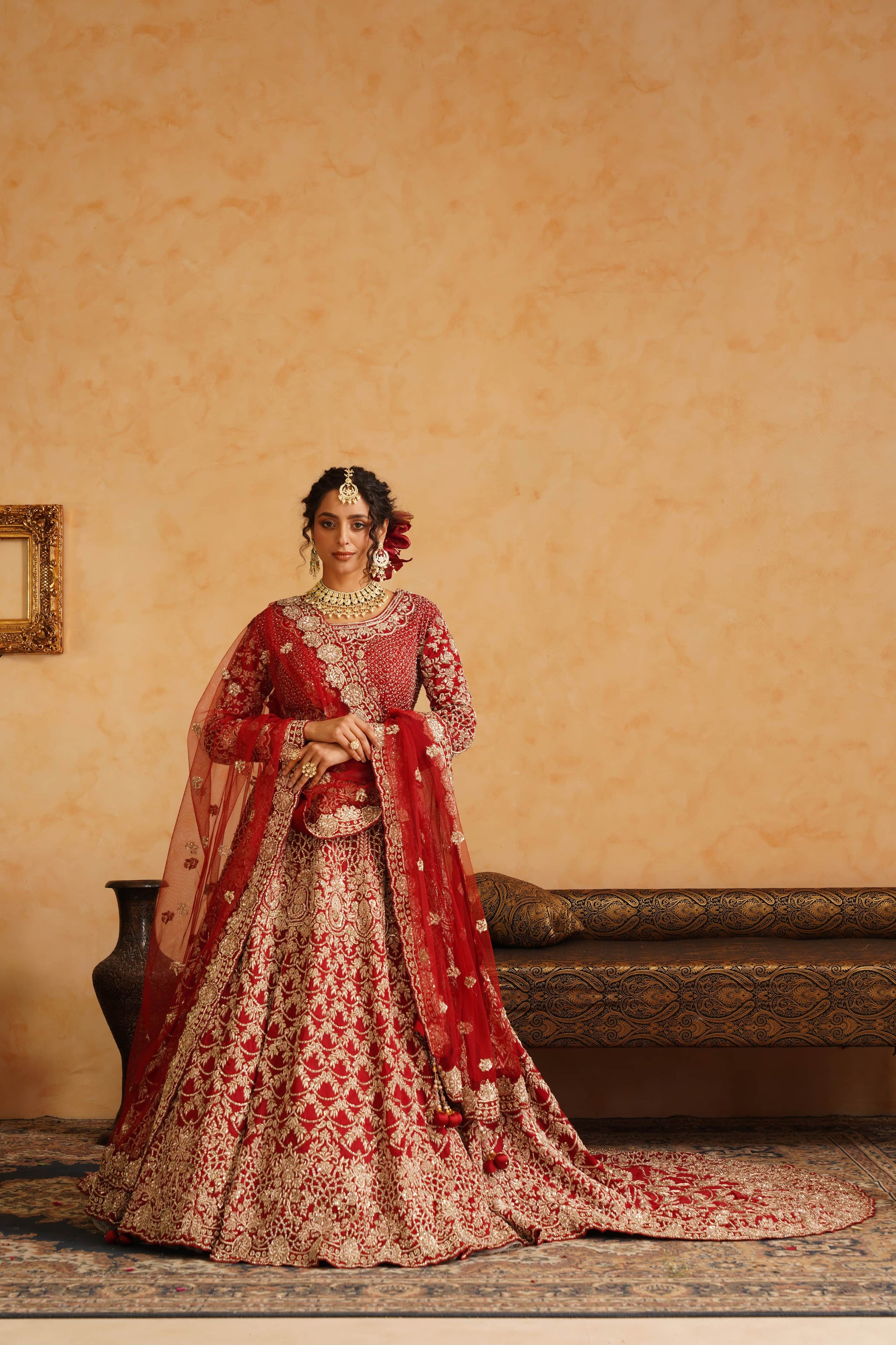 Red Lehanga Trail Blouse With Dupatta