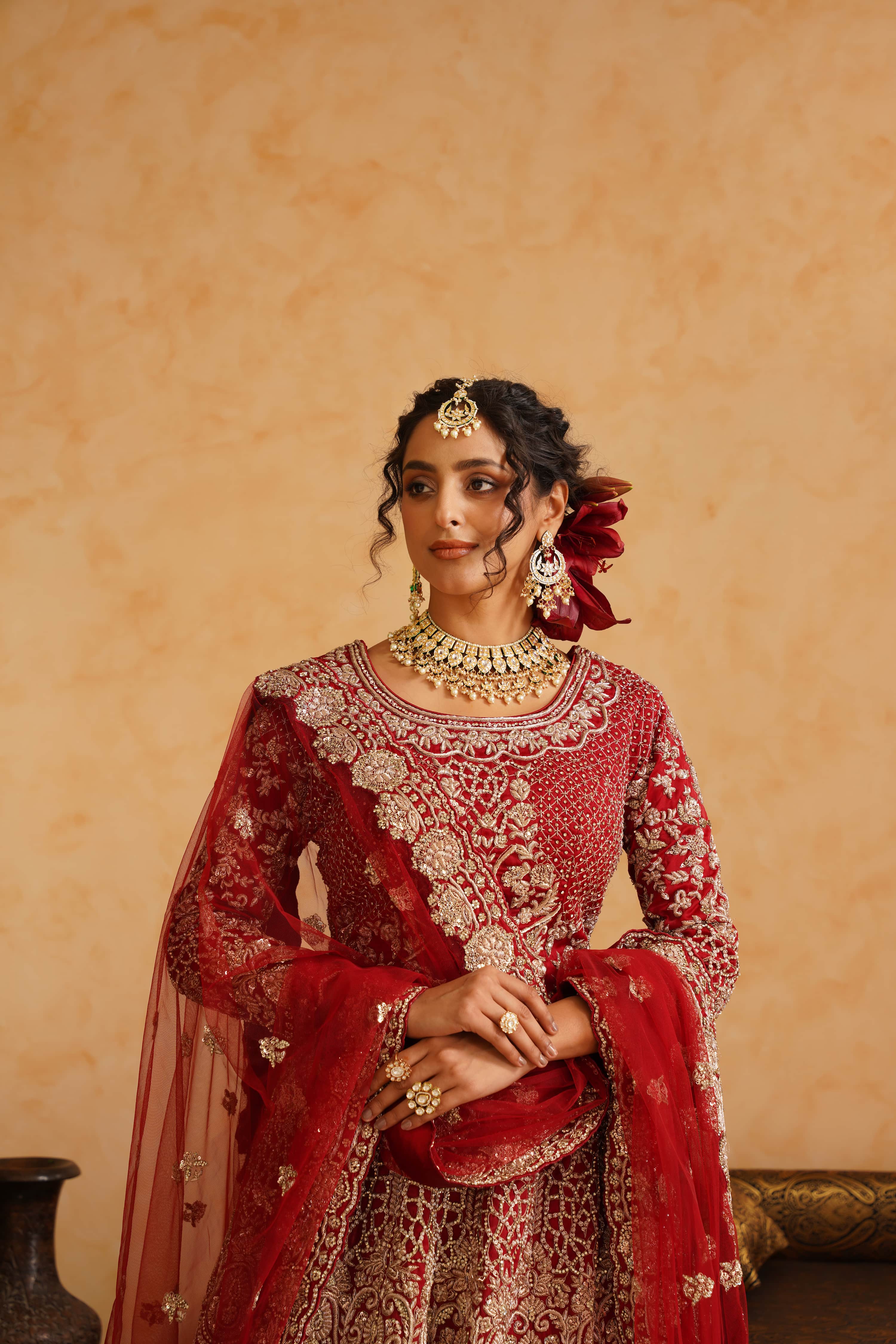 Red Lehanga Trail Blouse With Dupatta