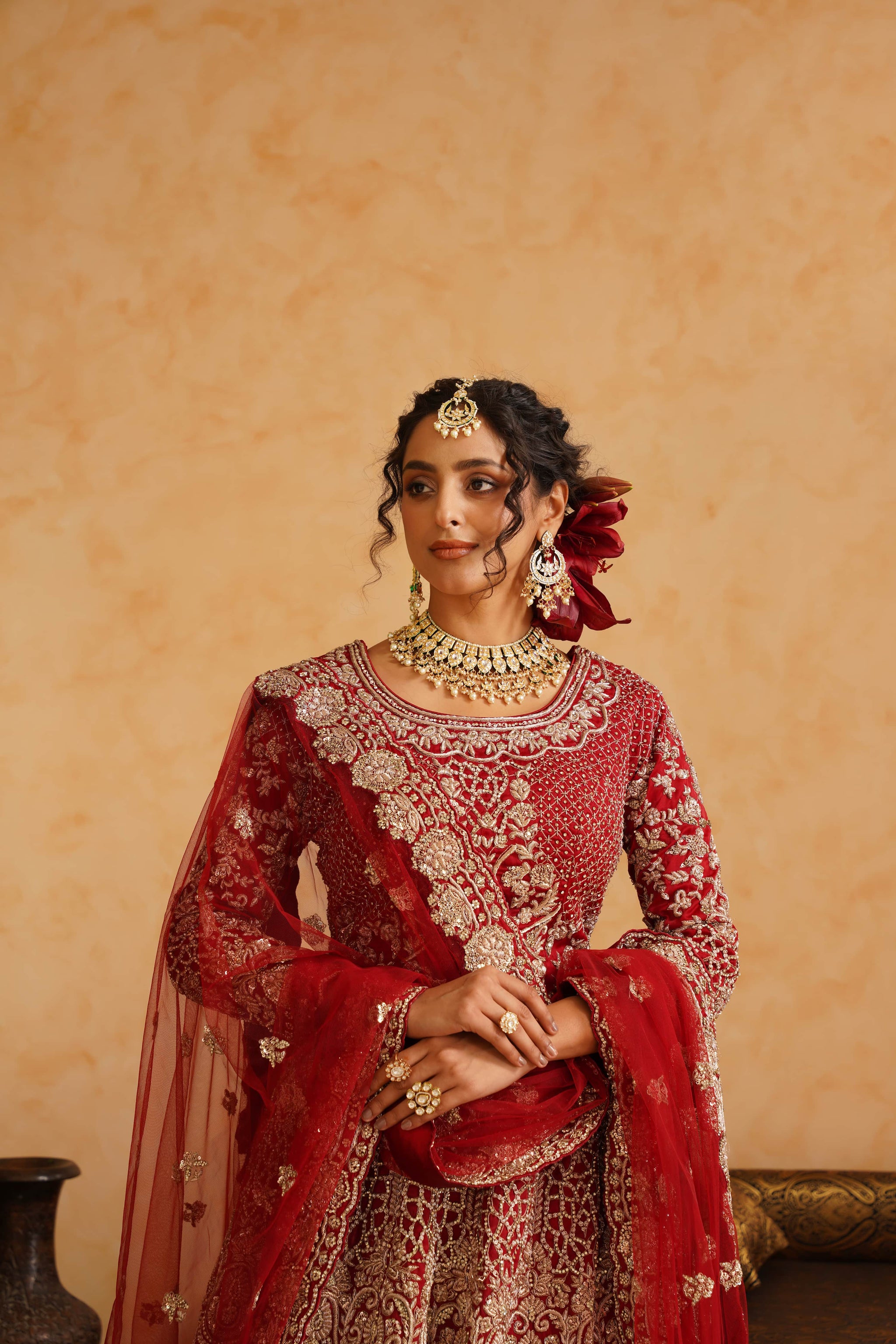Red Lehanga Trail Blouse With Dupatta