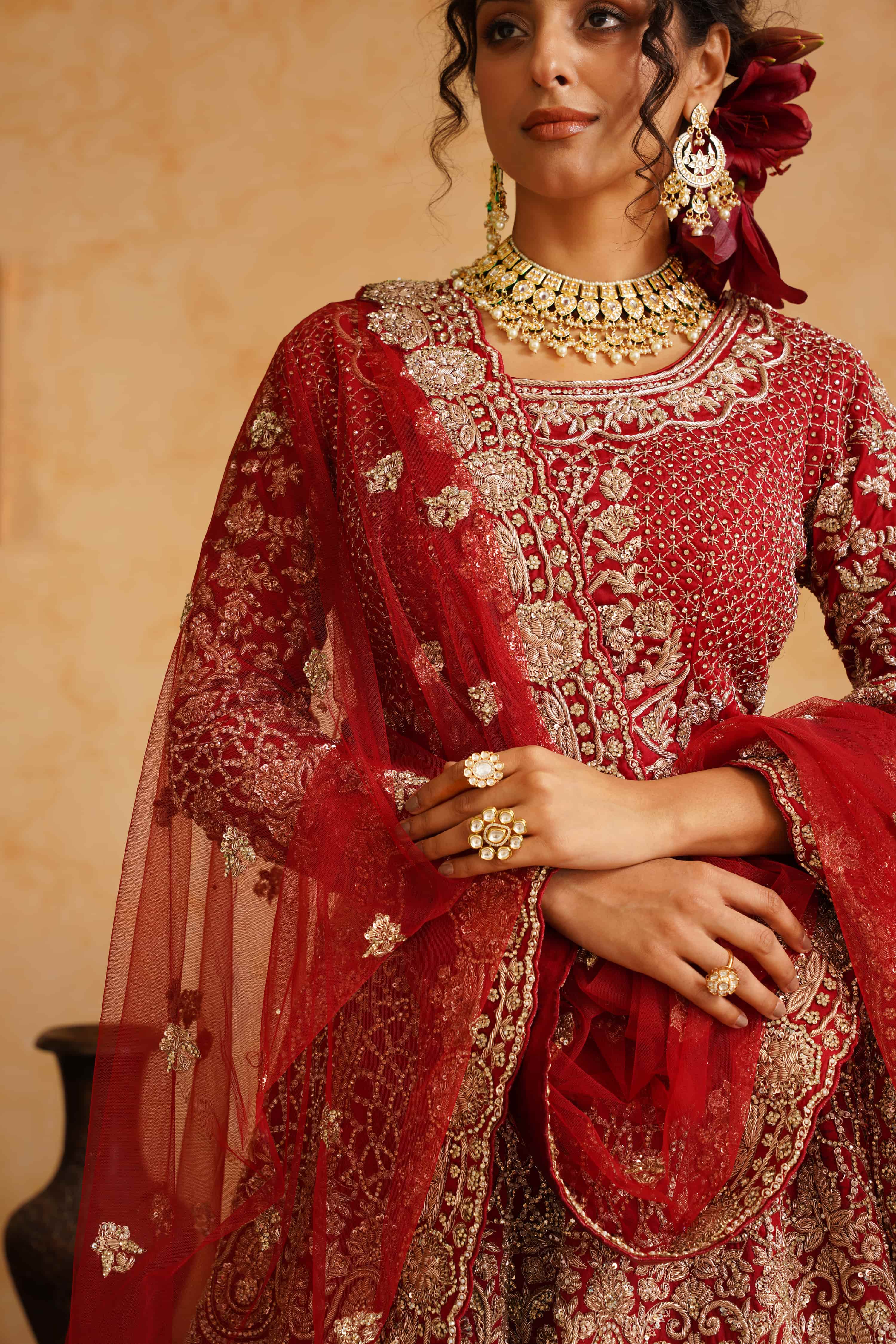 Red Lehanga Trail Blouse With Dupatta