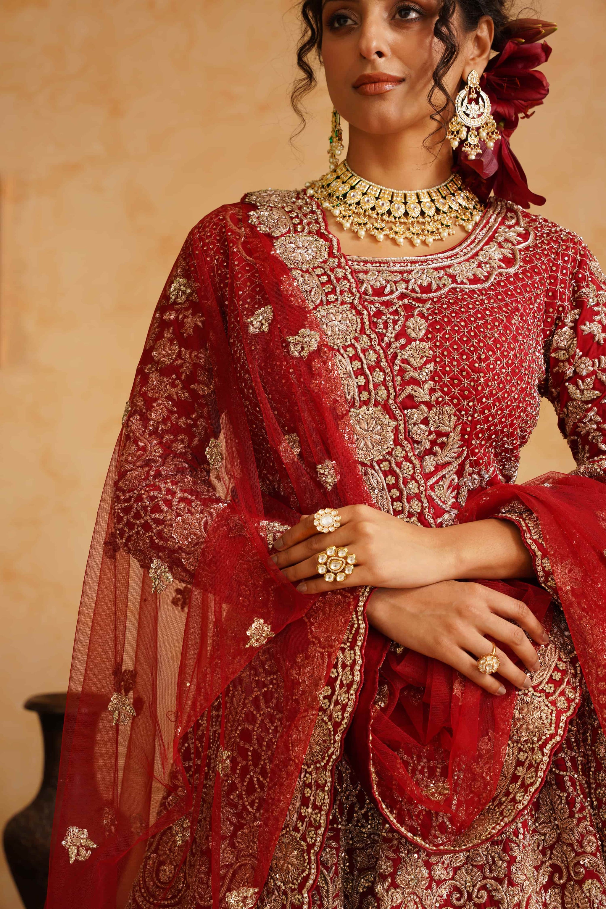 Red Lehanga Trail Blouse With Dupatta