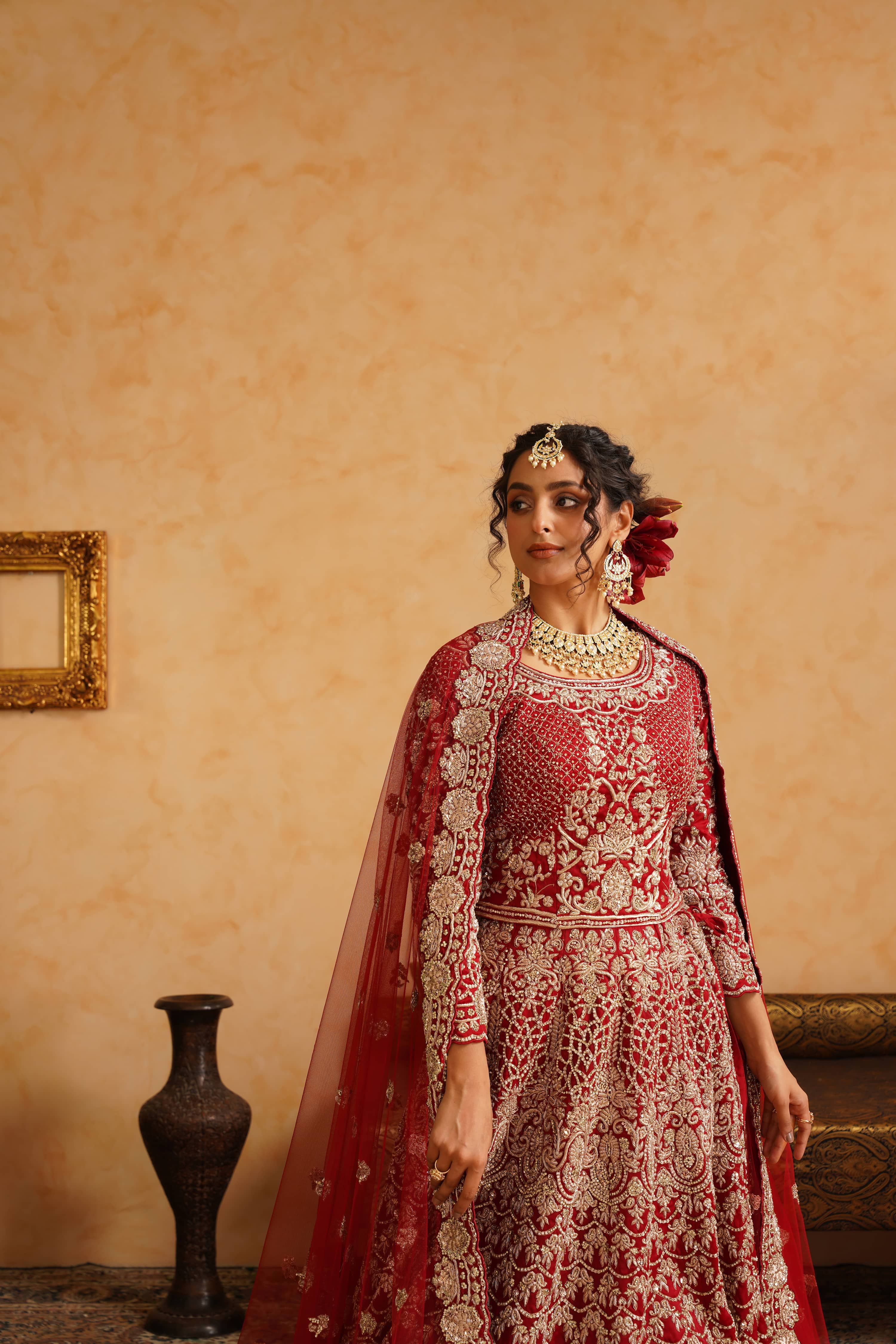 Red Lehanga Trail Blouse With Dupatta