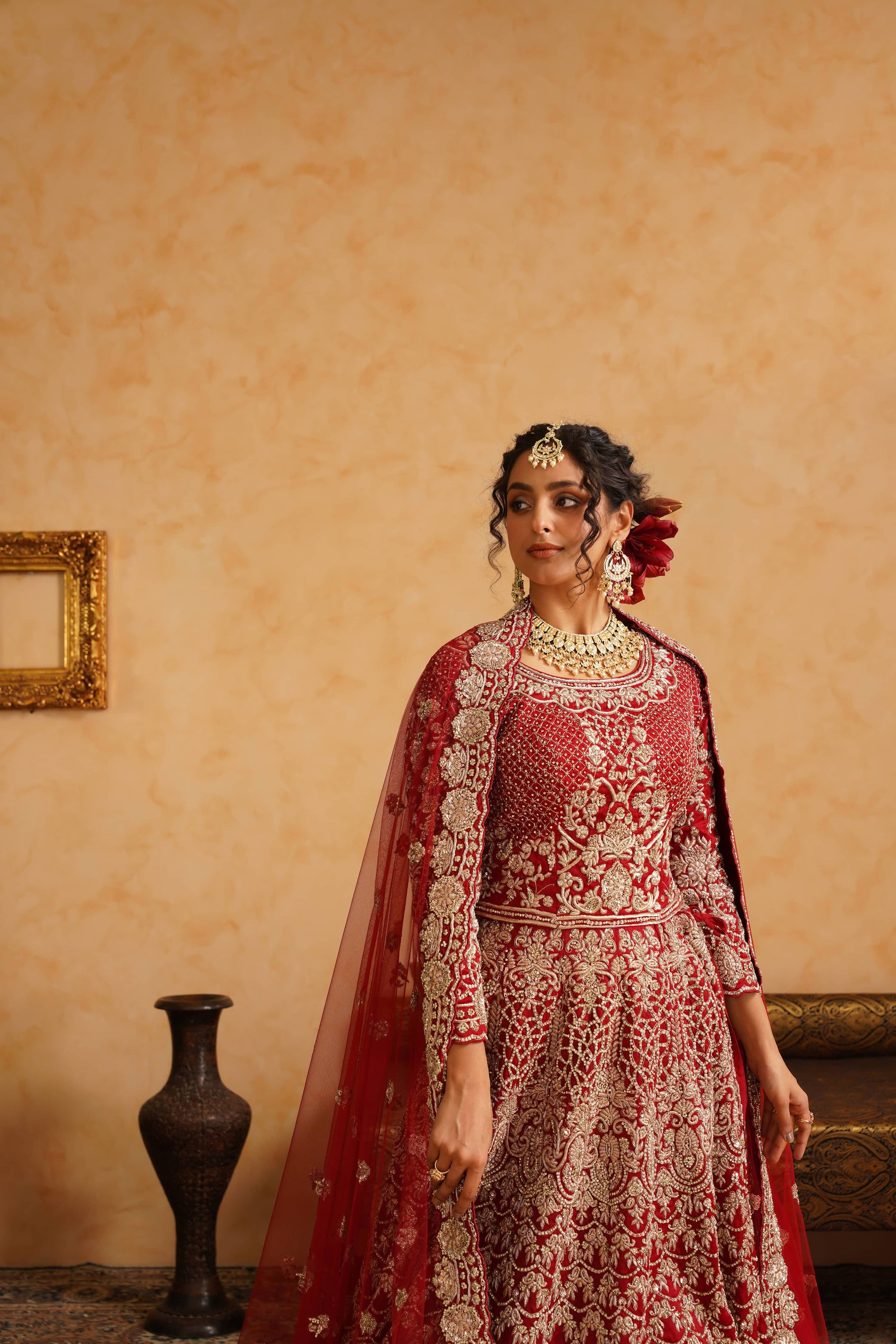 Red Lehanga Trail Blouse With Dupatta