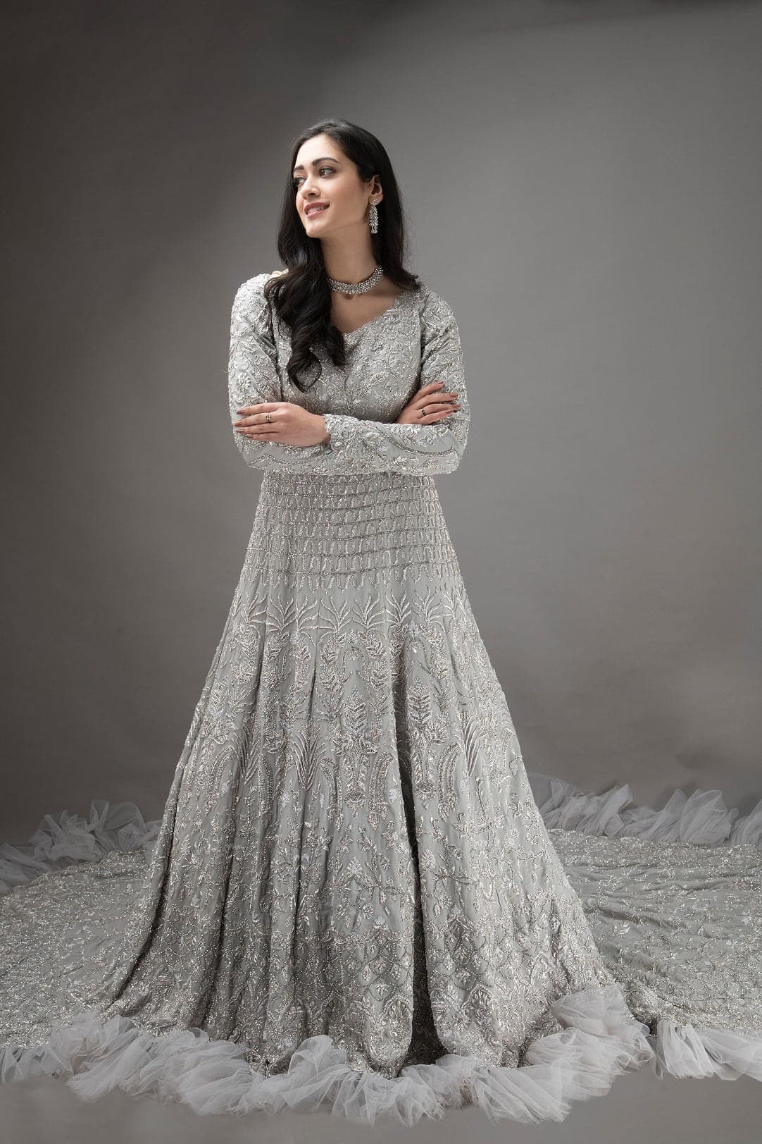 Buy Chhabra 555 Women Grey & Golden Zari Detail Made To Measure Cocktail  Gown With Dupatta - Dresses for Women 10630496 | Myntra