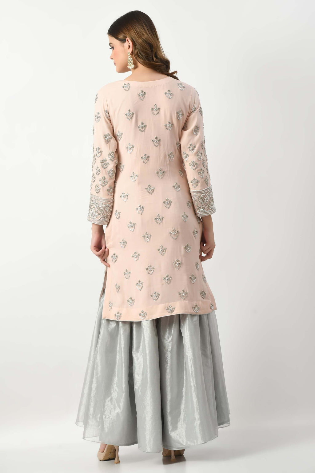 Baby Pink Grey Kameez Gharara Dupatta