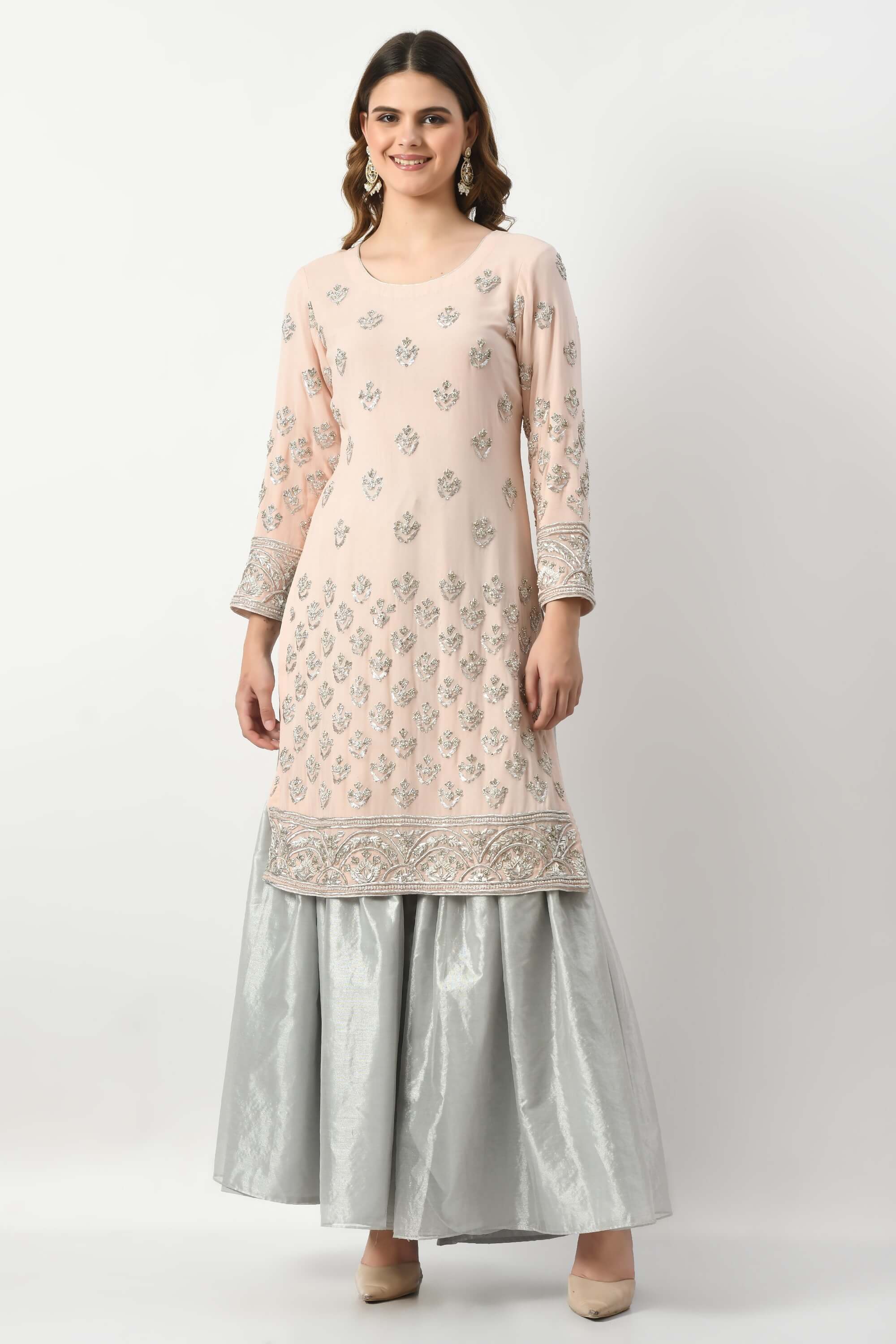 Baby Pink Grey Kameez Gharara Dupatta
