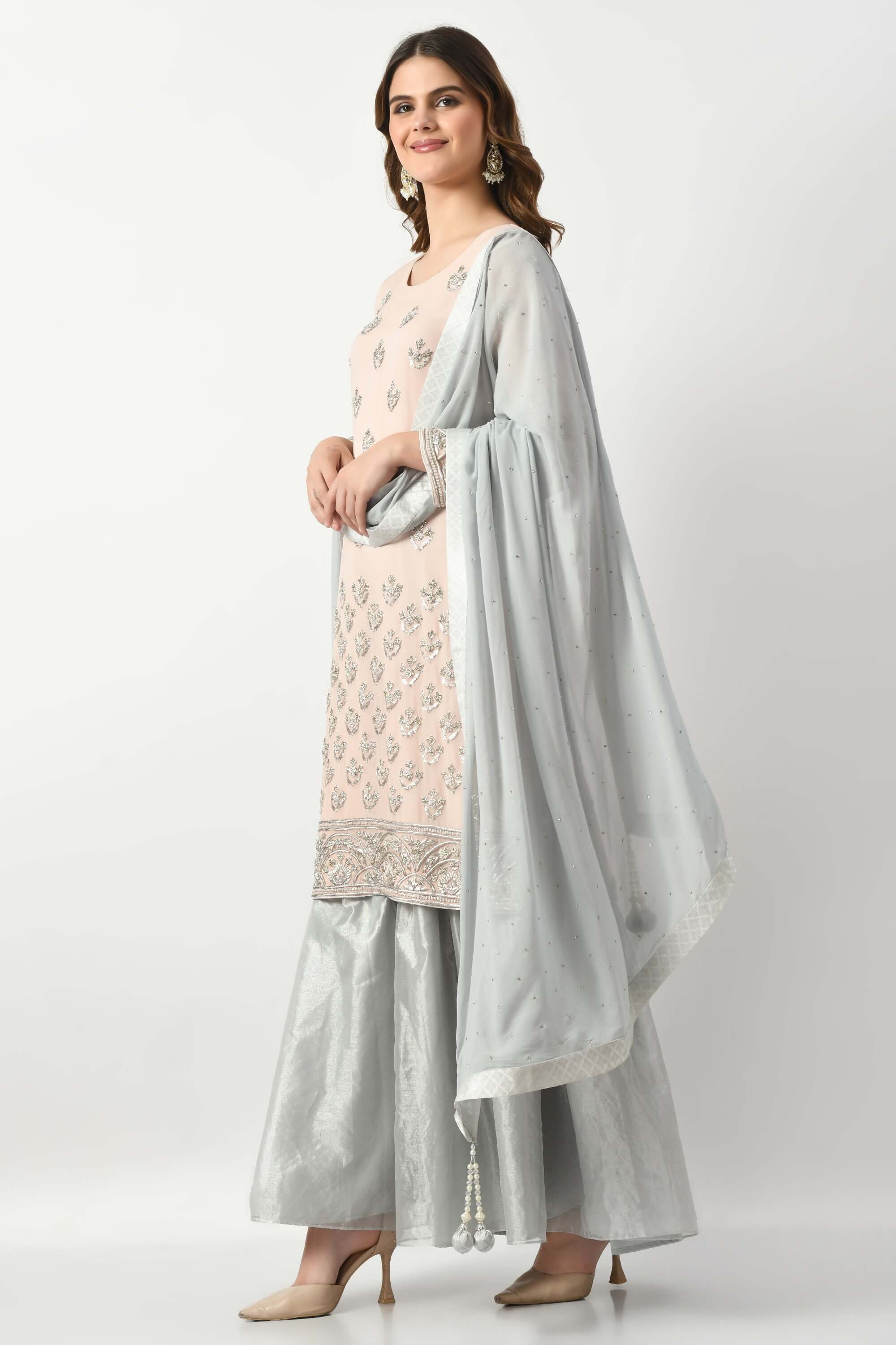 Baby Pink Grey Kameez Gharara Dupatta