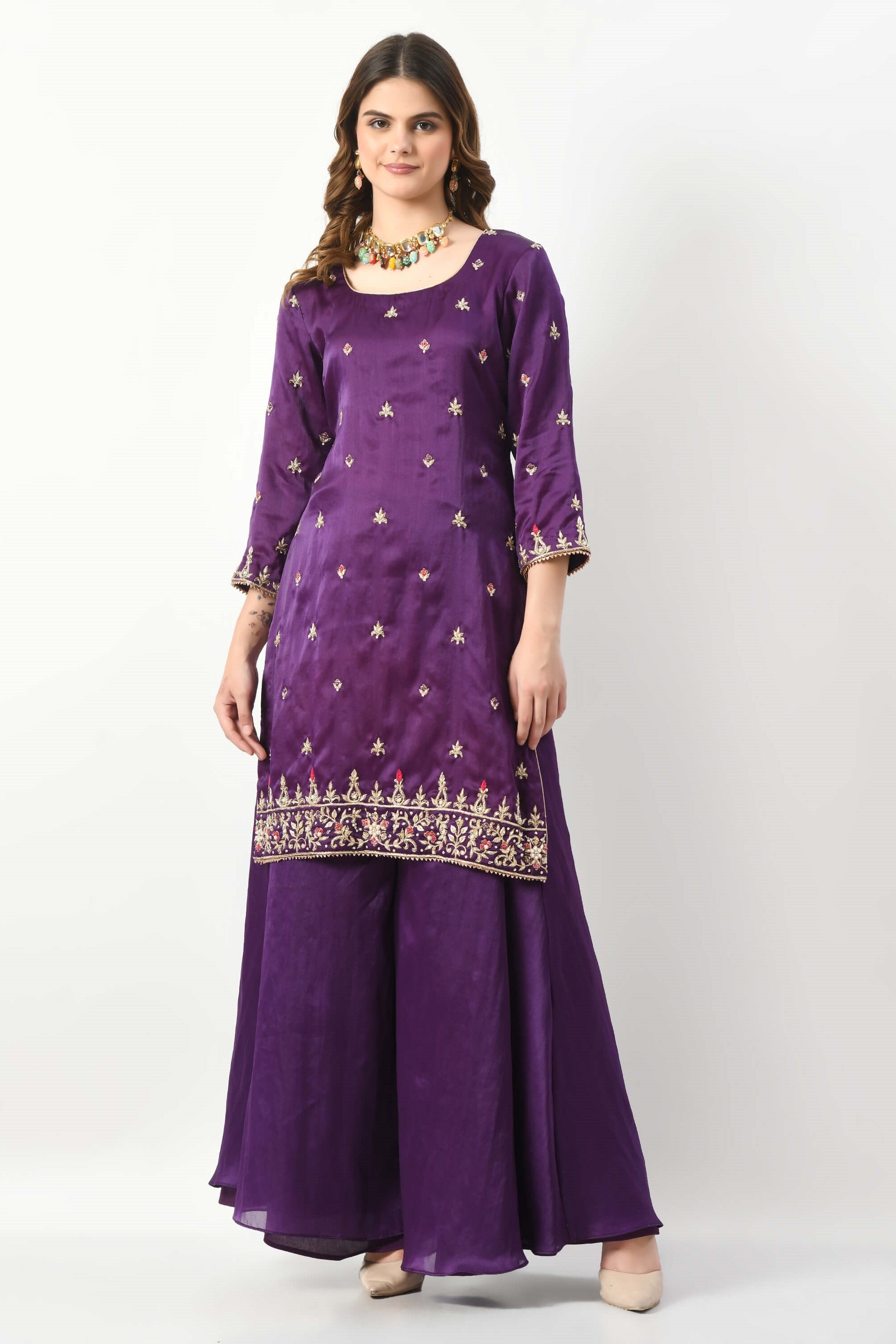 Dark Purple Magenta Kameez Sharara Dupatta