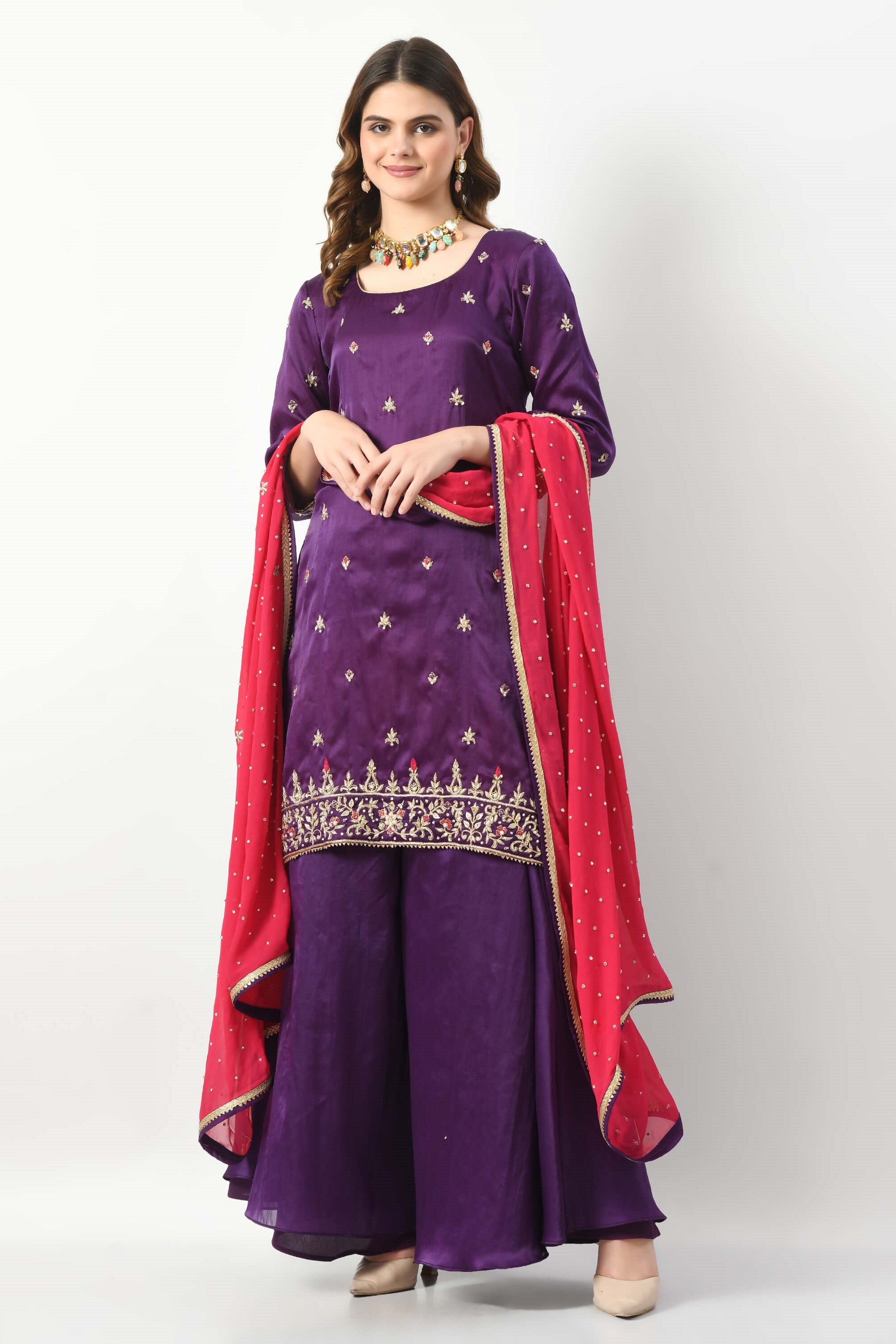 Dark Purple Magenta Kameez Sharara Dupatta