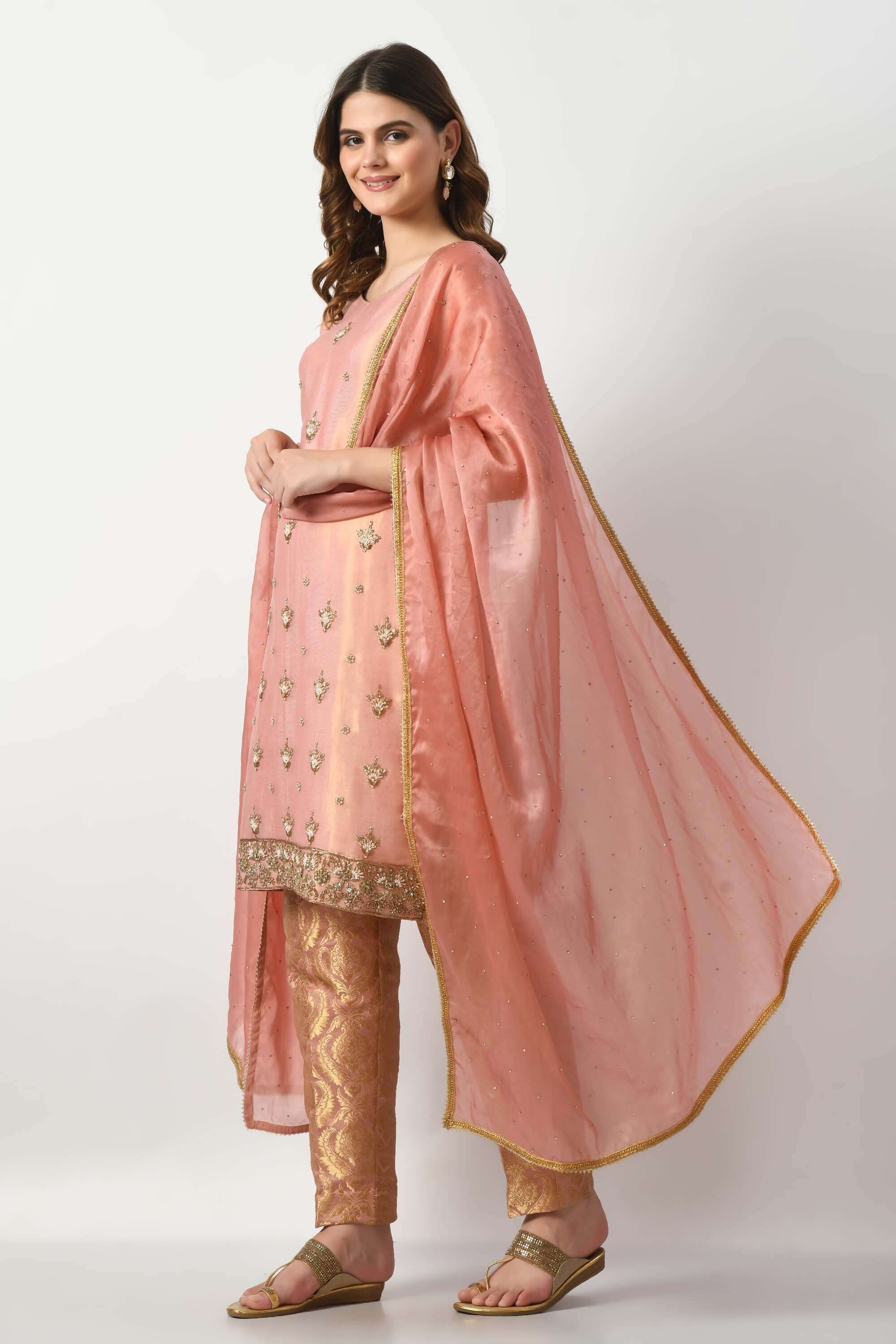 Peach Pink Kameez Trouser Dupatta