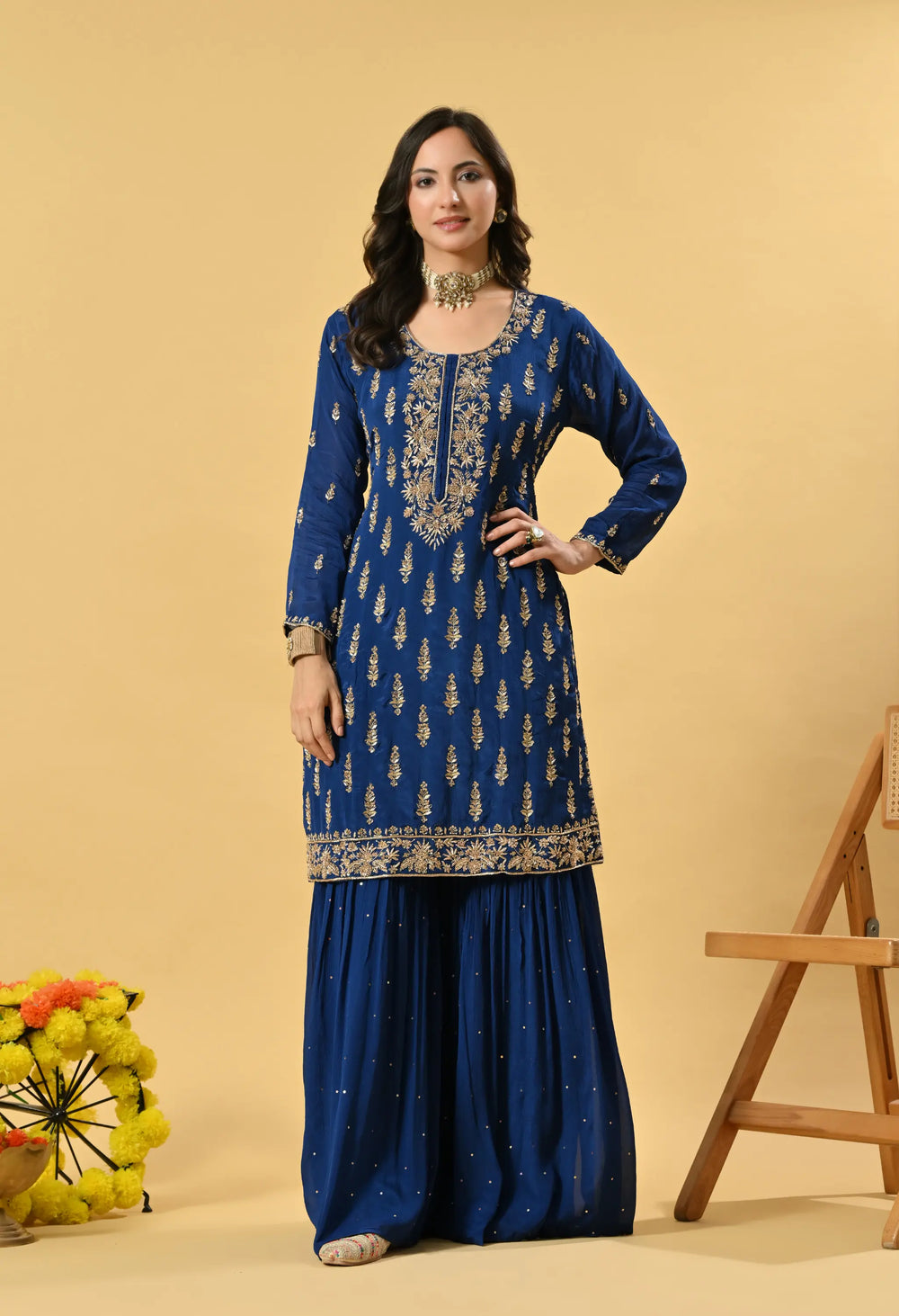 Blue Kameez, Gharara and Dupatta
