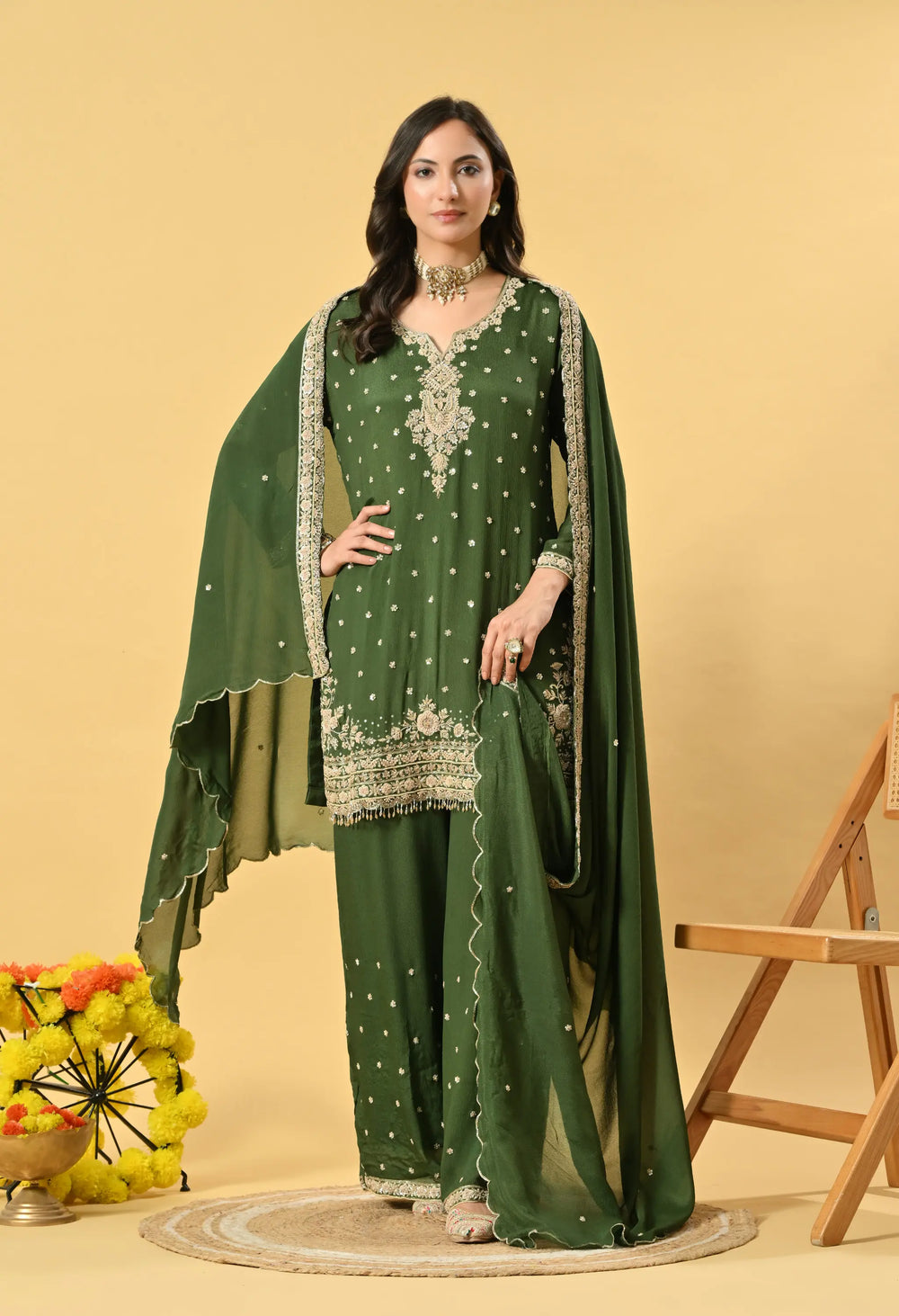 Green Kameez Plazo and Dupatta
