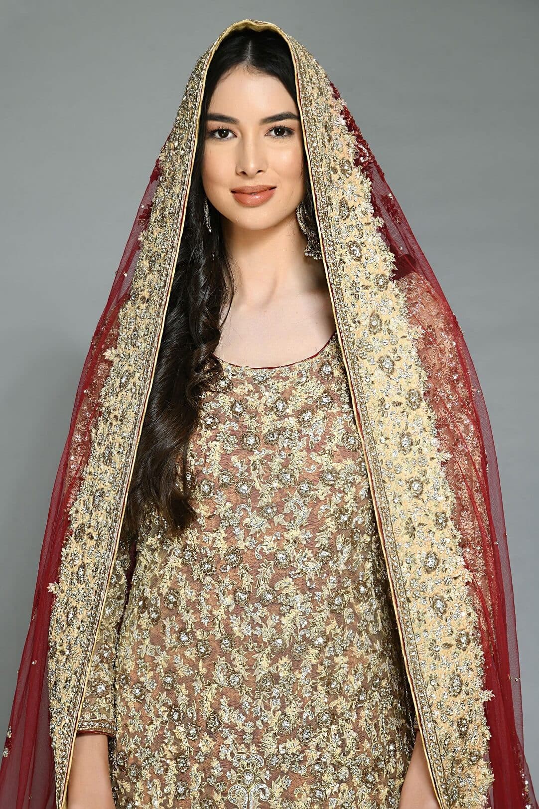 Peach kameez with maroon lehenga