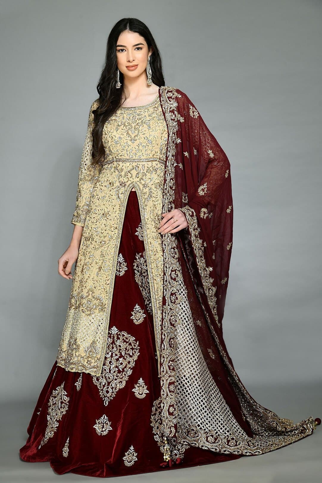 Gold & Maroon jacket lehenga