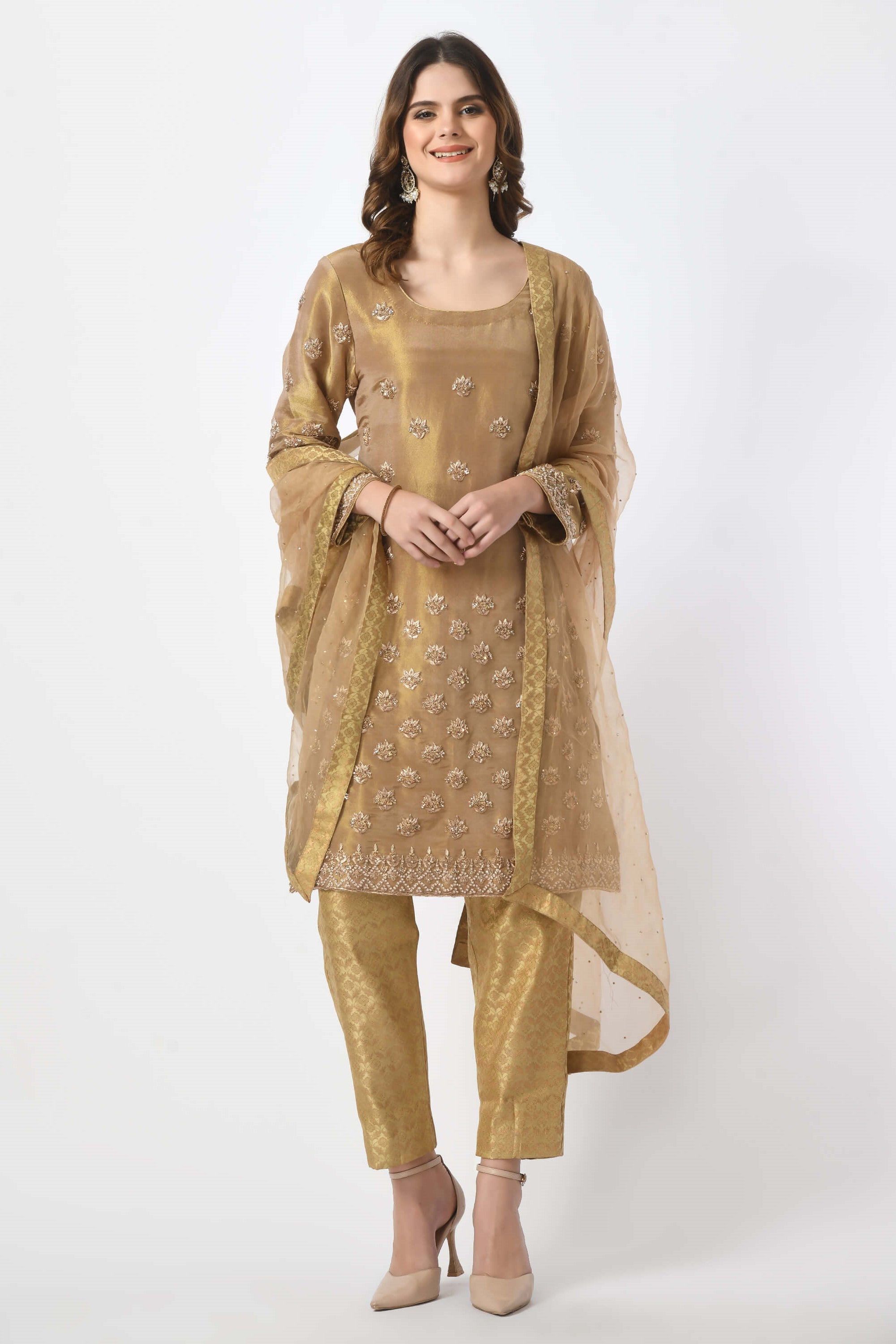 Dark Gold Kameez Trouser Dupatta