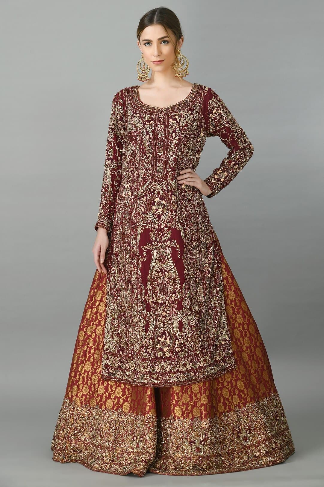 Dark Red Kameez Lehenga