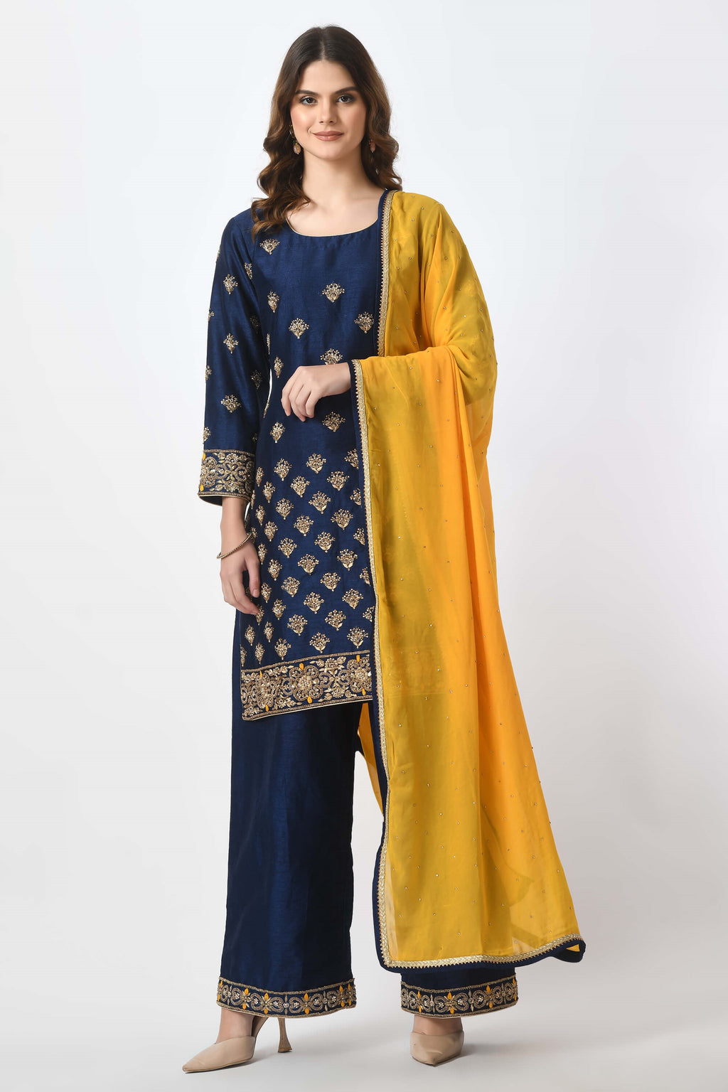 Navy Blue Kameez Plazo Dupatta
