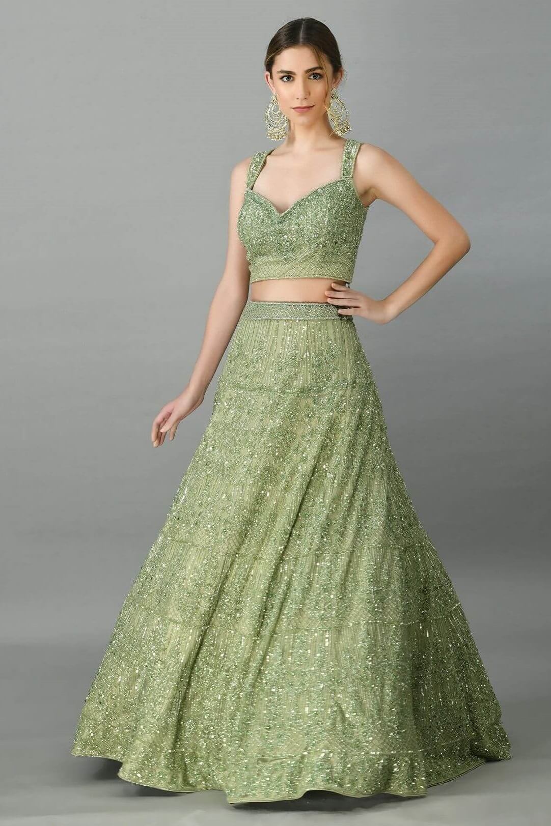 Green Cutdana and Sequins Lehenga