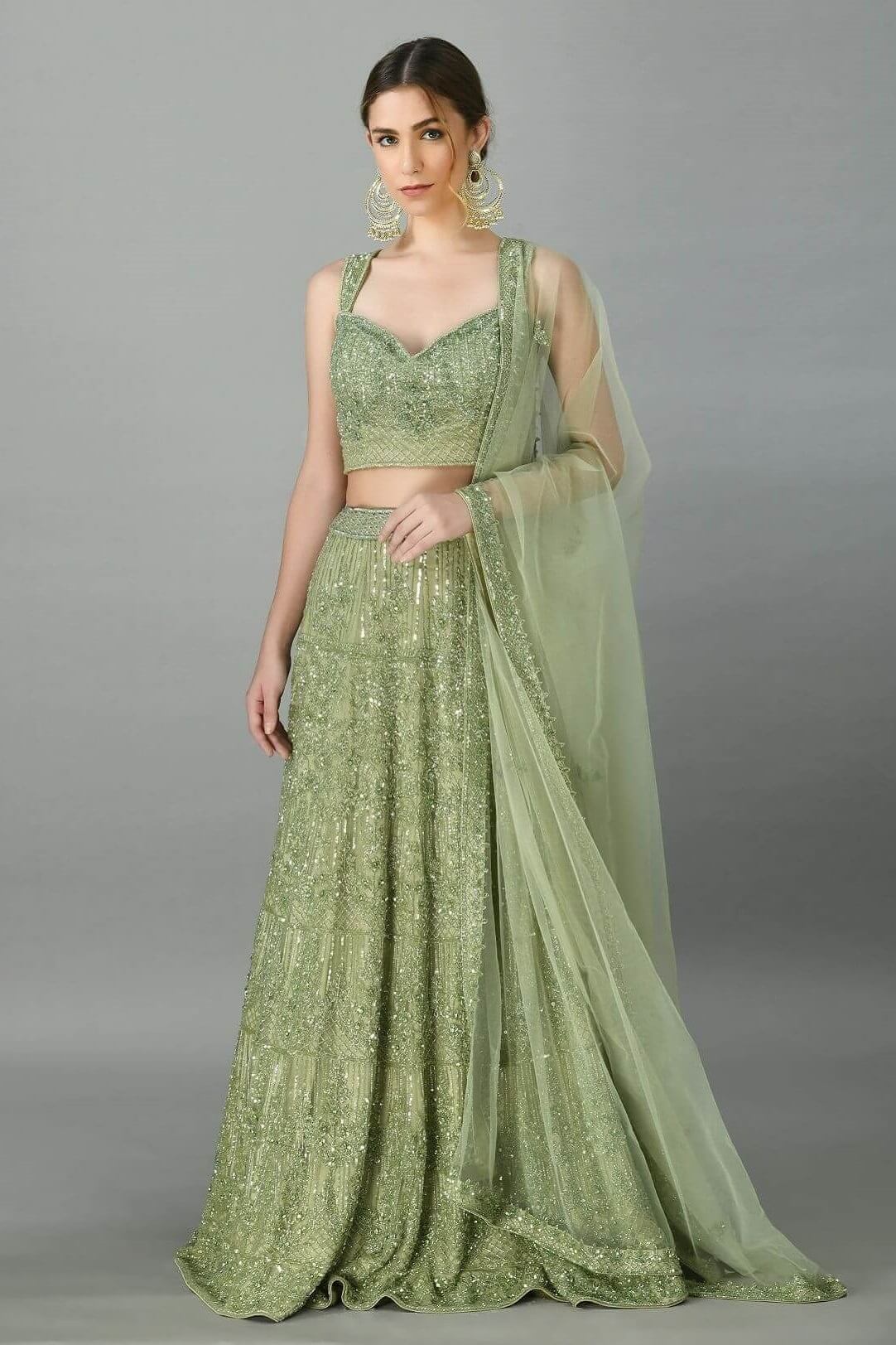 Green Cutdana and Sequins Lehenga