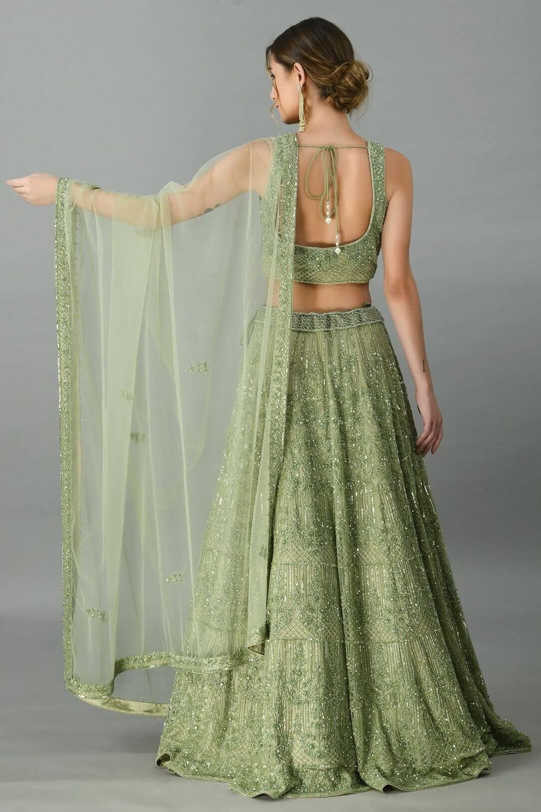 Green Cutdana and Sequins Lehenga