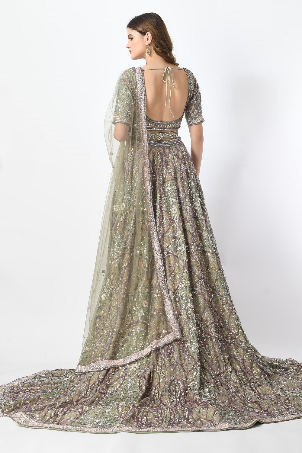 Olive Lehenga with Trail