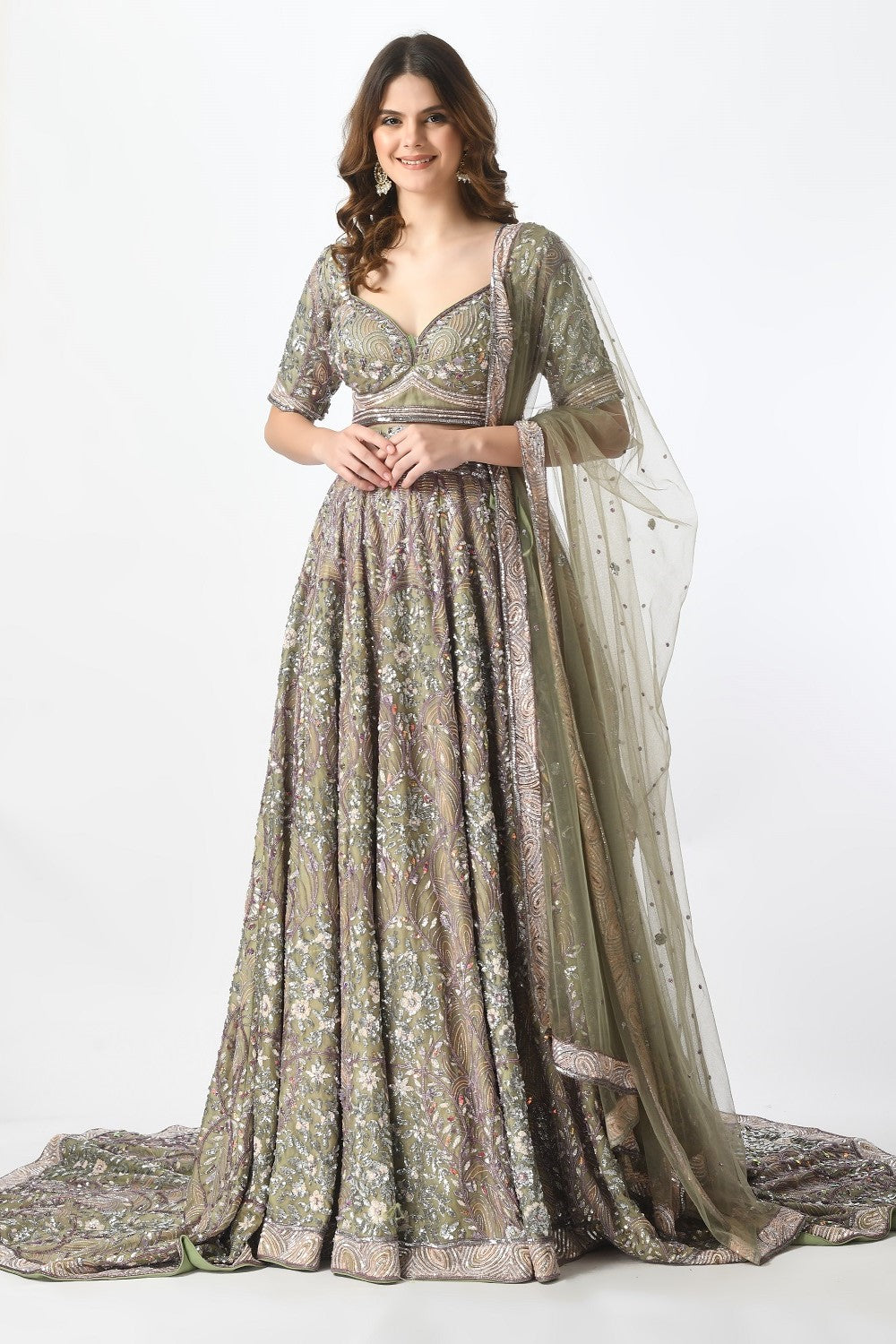 Olive Lehenga with Trail