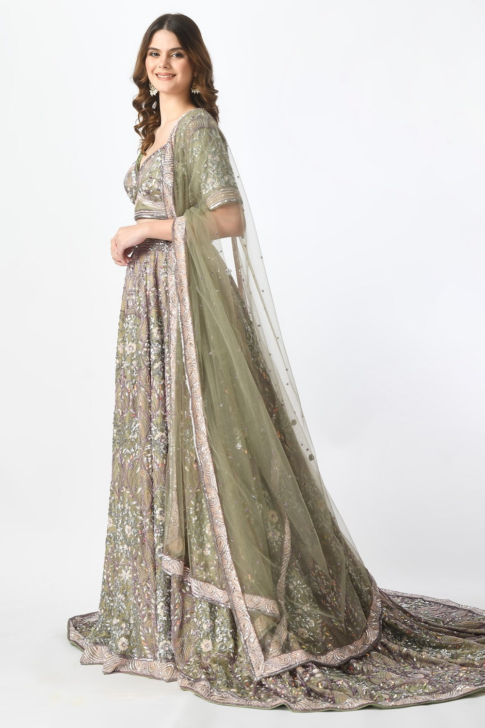 Olive Lehenga with Trail