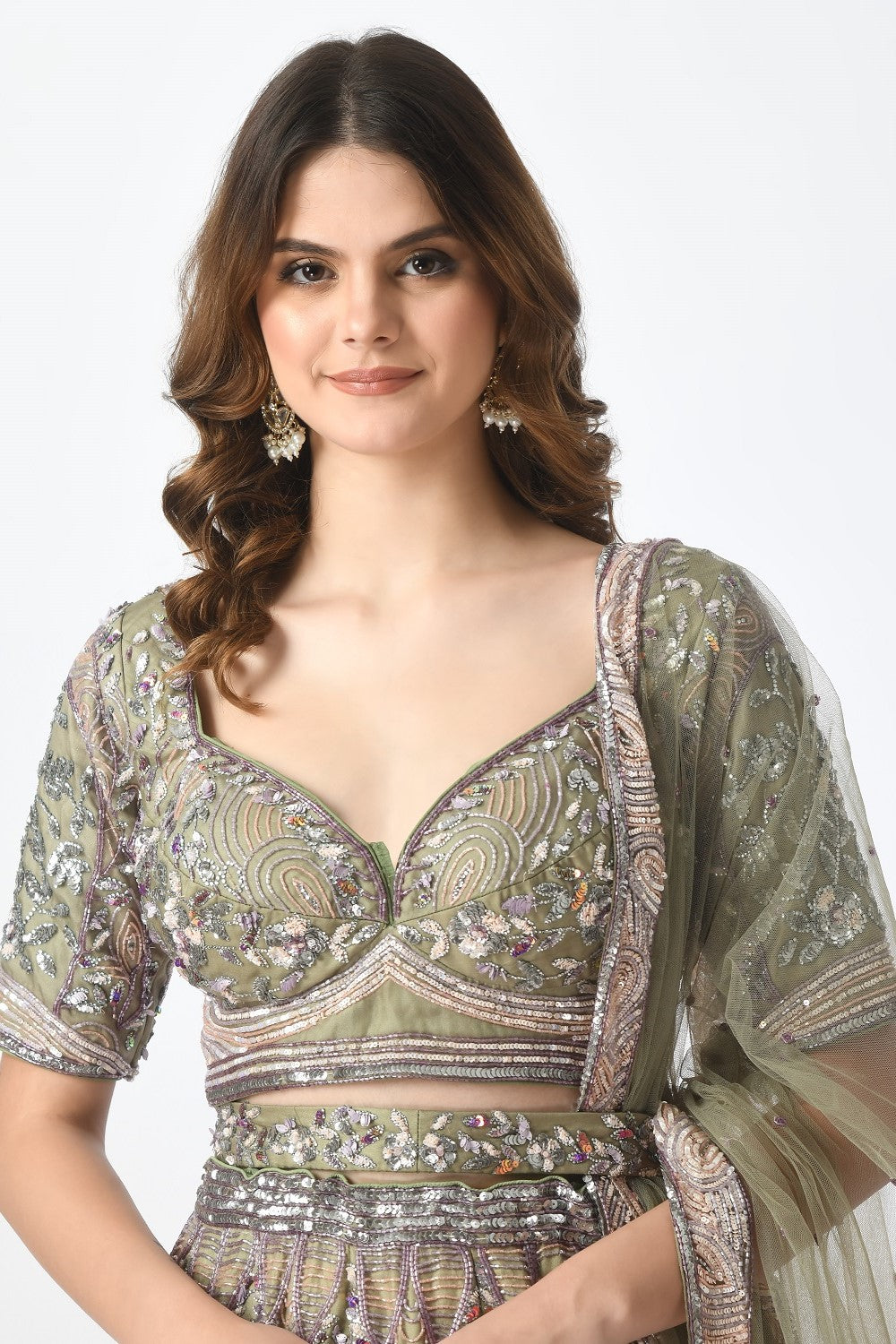 Olive Lehenga with Trail