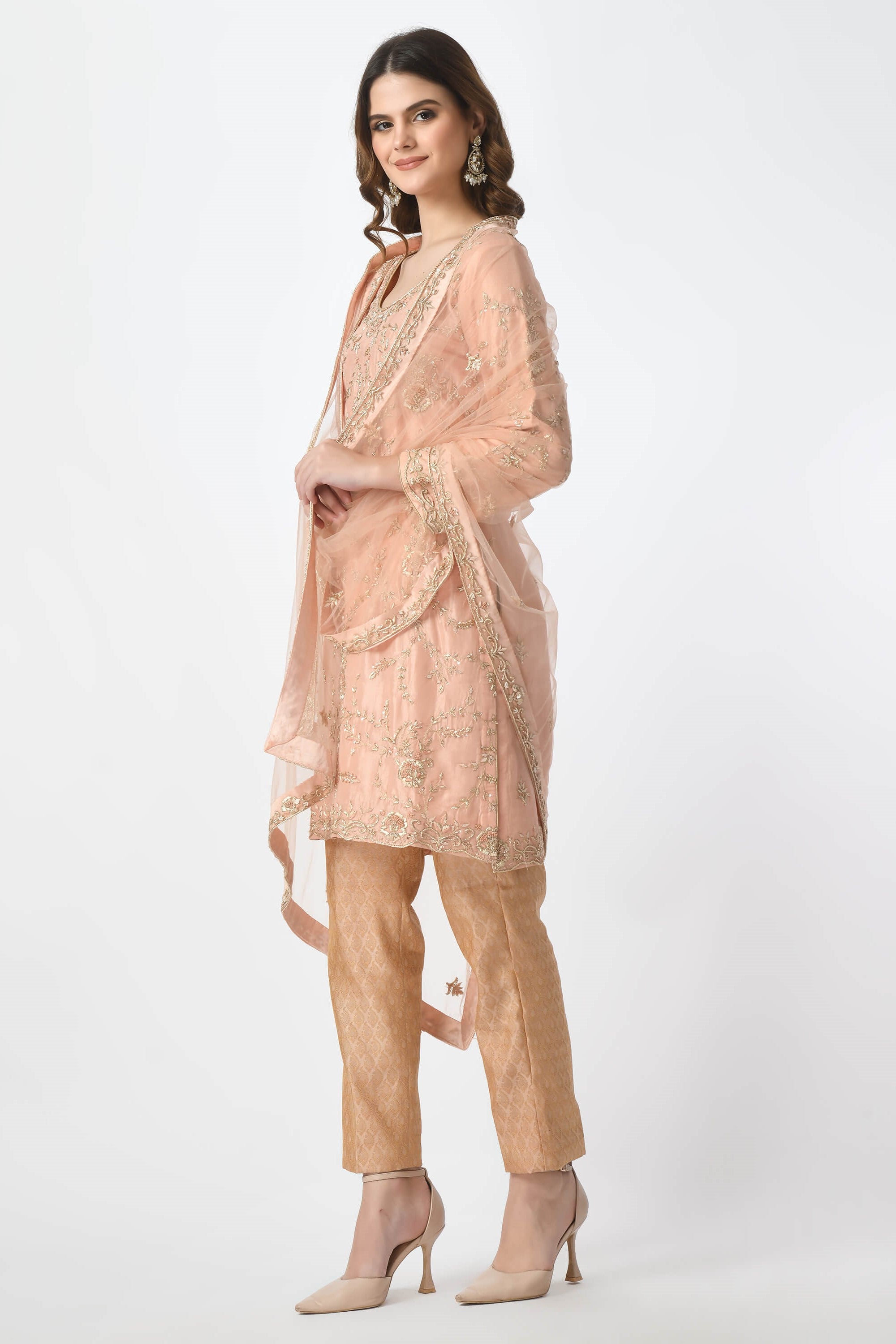 Peach Pink  Kameez Trouser Dupatta