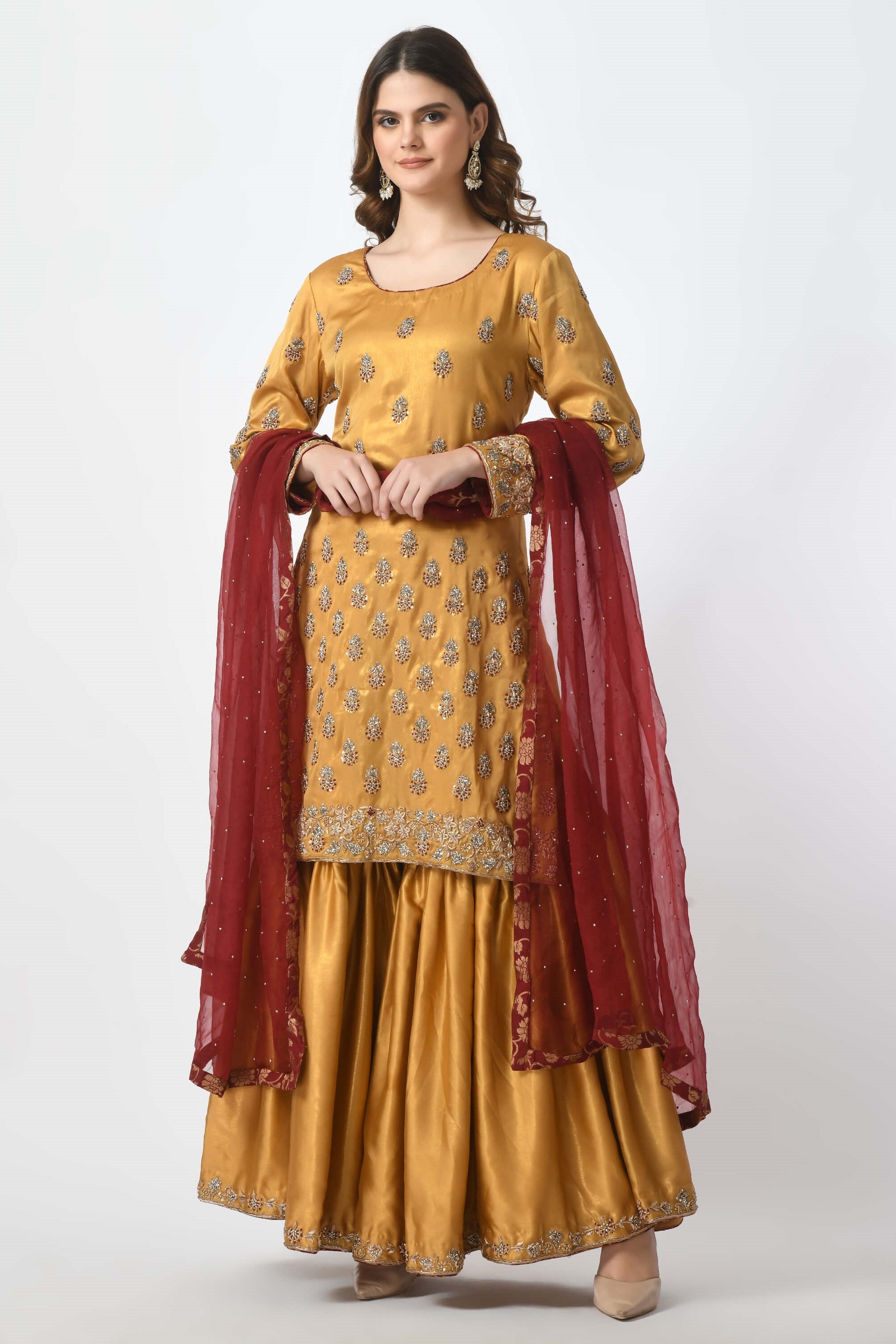 Yellow Gold Kameez Gharara Dupatta