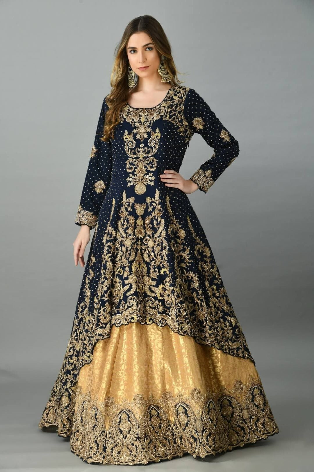 Navy Blue & Gold Kameez Lehenga