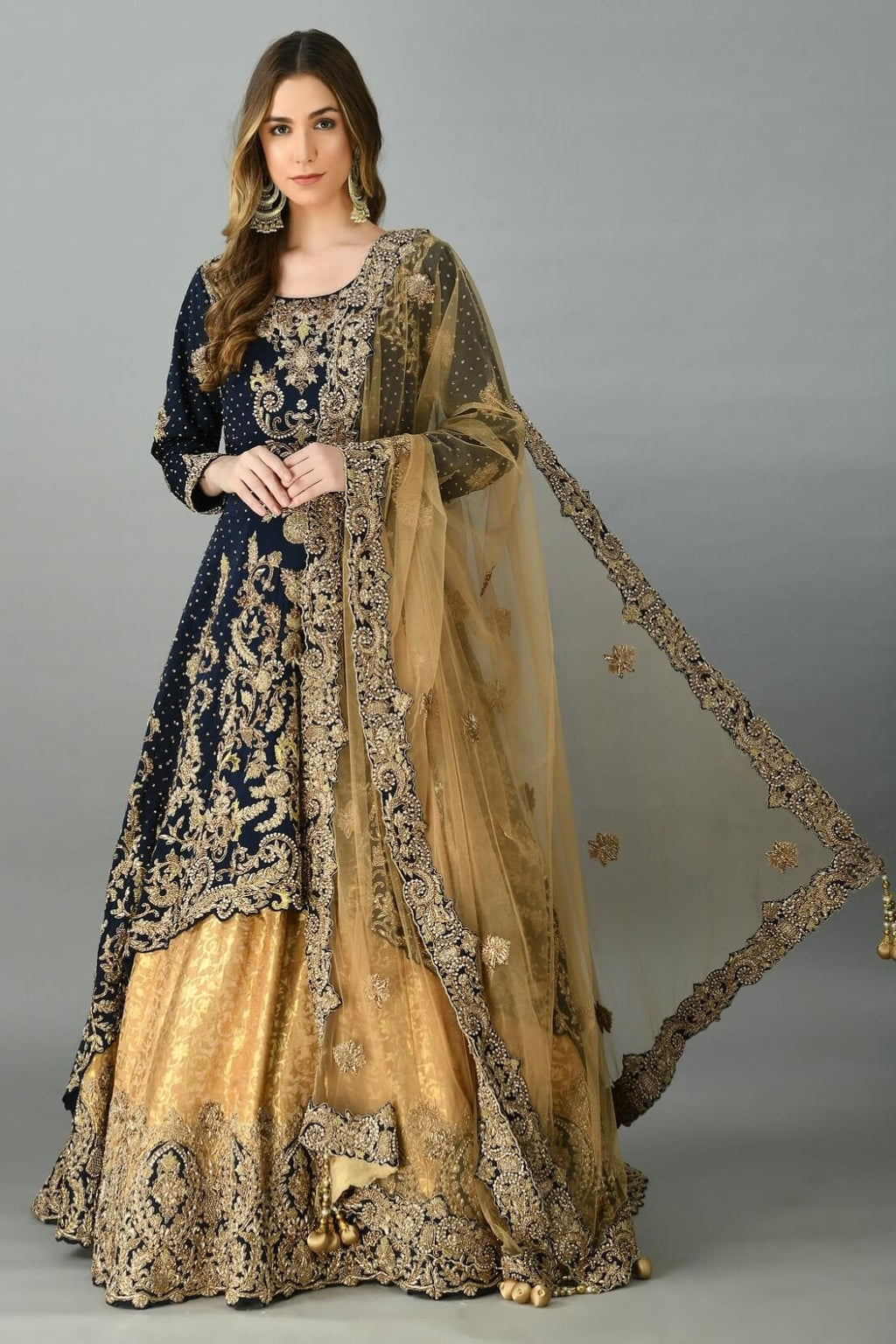 Navy Blue & Gold Kameez Lehenga