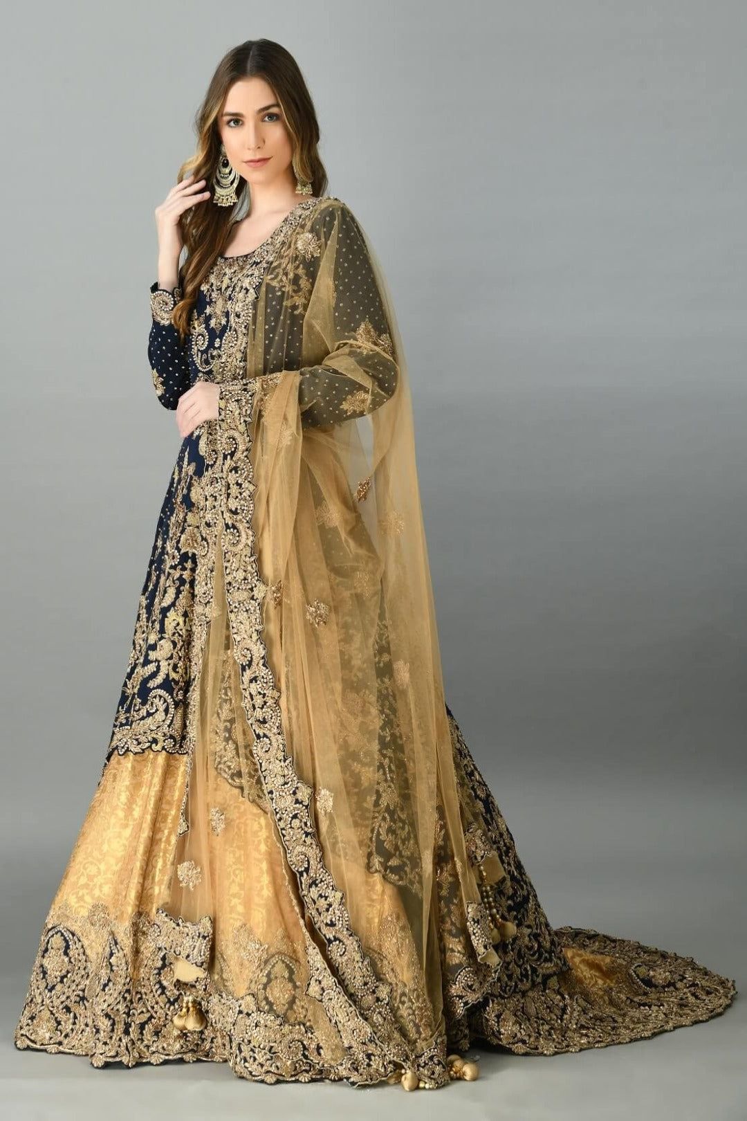 Navy Blue & Gold Kameez Lehenga
