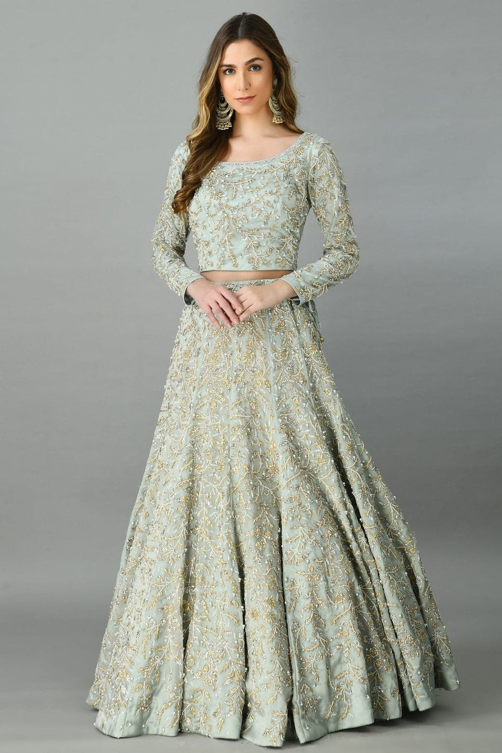 Light Grey Zardozi-Pearls Lehenga