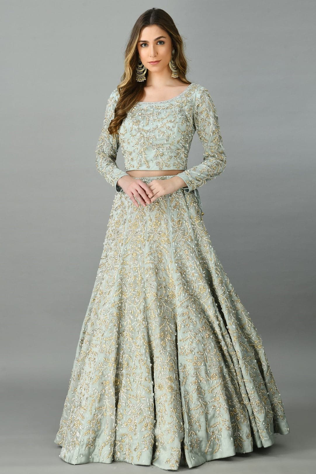 Light Grey Zardozi-Pearls Lehenga