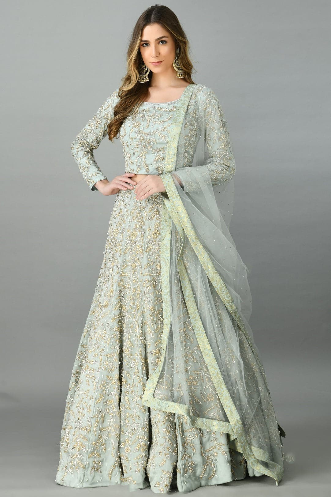 Light Grey Zardozi-Pearls Lehenga