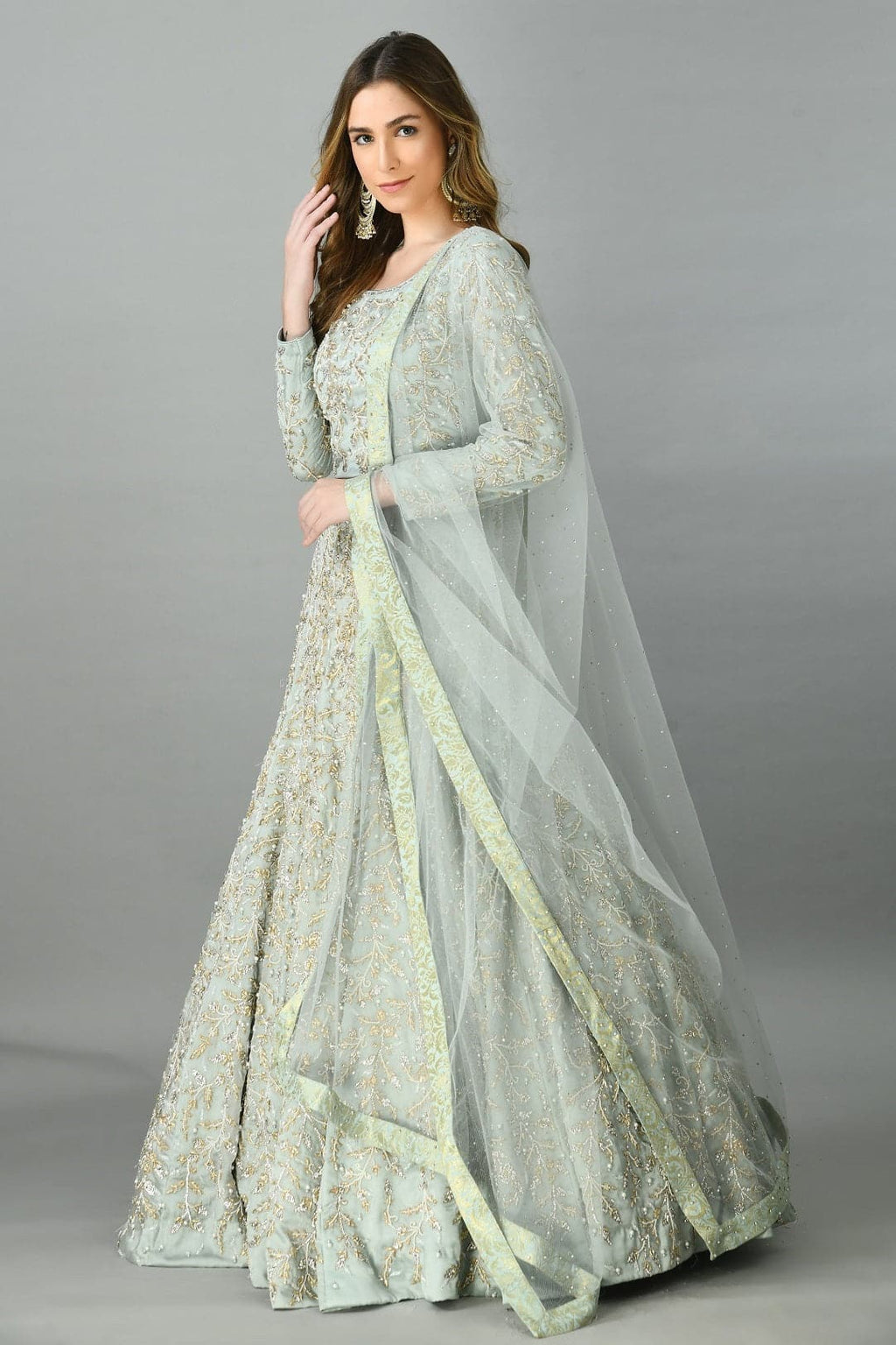 Light Grey Zardozi-Pearls Lehenga