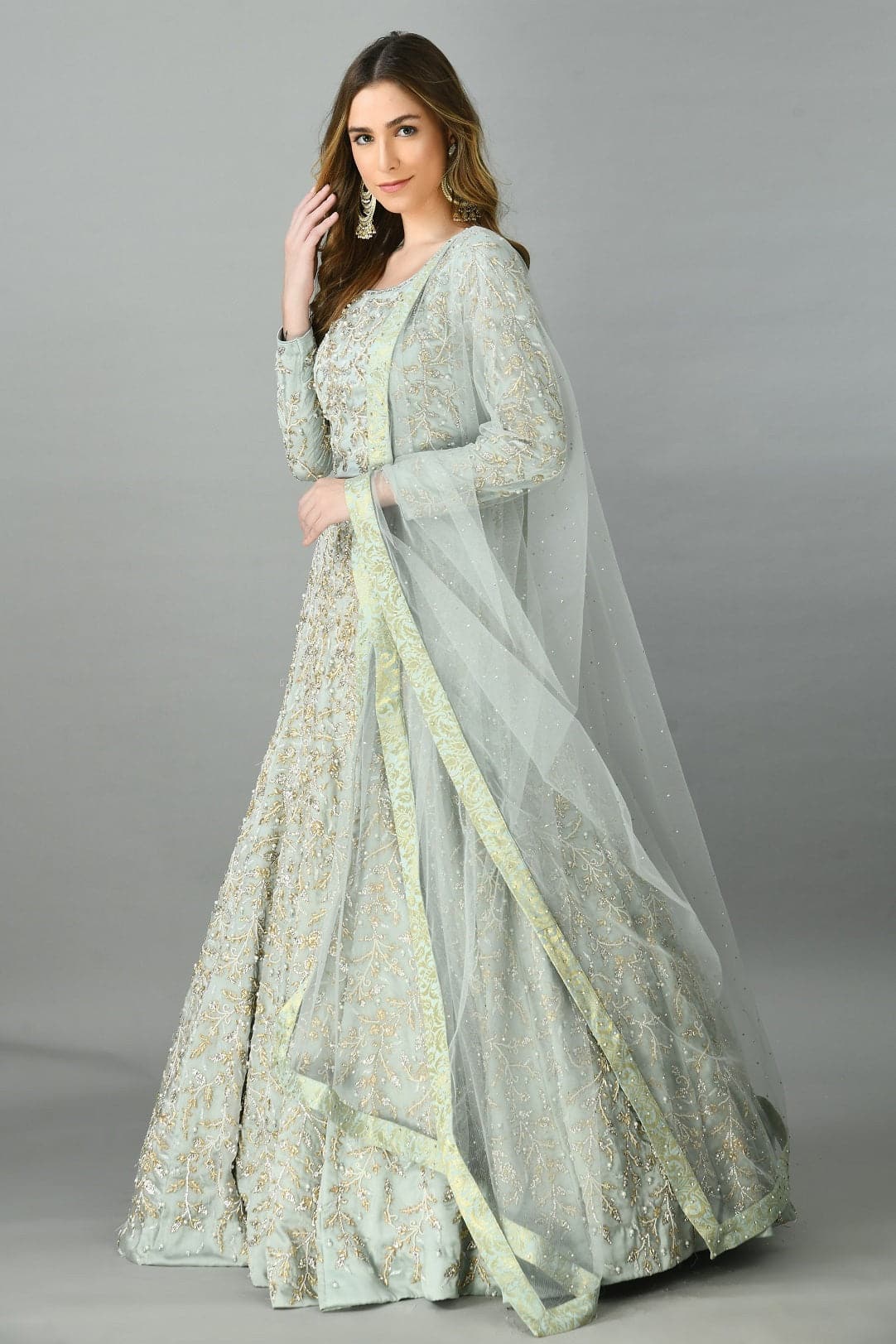 Light Grey Zardozi-Pearls Lehenga